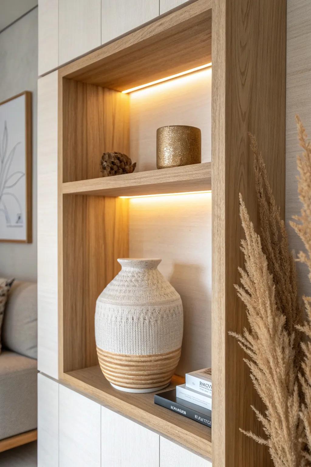 Warm hidden shelf lighting turns built-ins cozy and highlights one favorite piece beautifully.