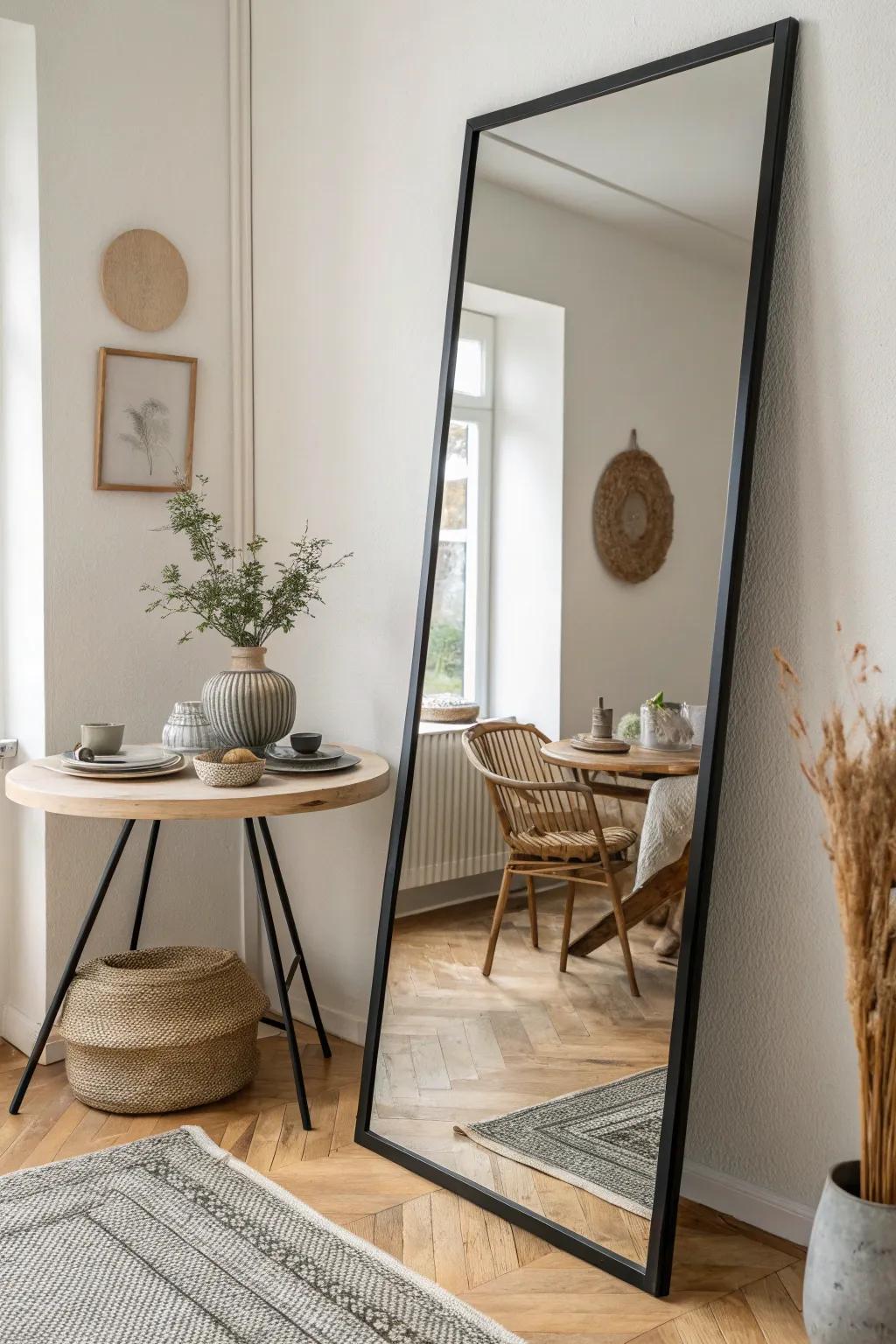 Go big with a leaning floor mirror to open up a small dining nook and reflect a styled table.