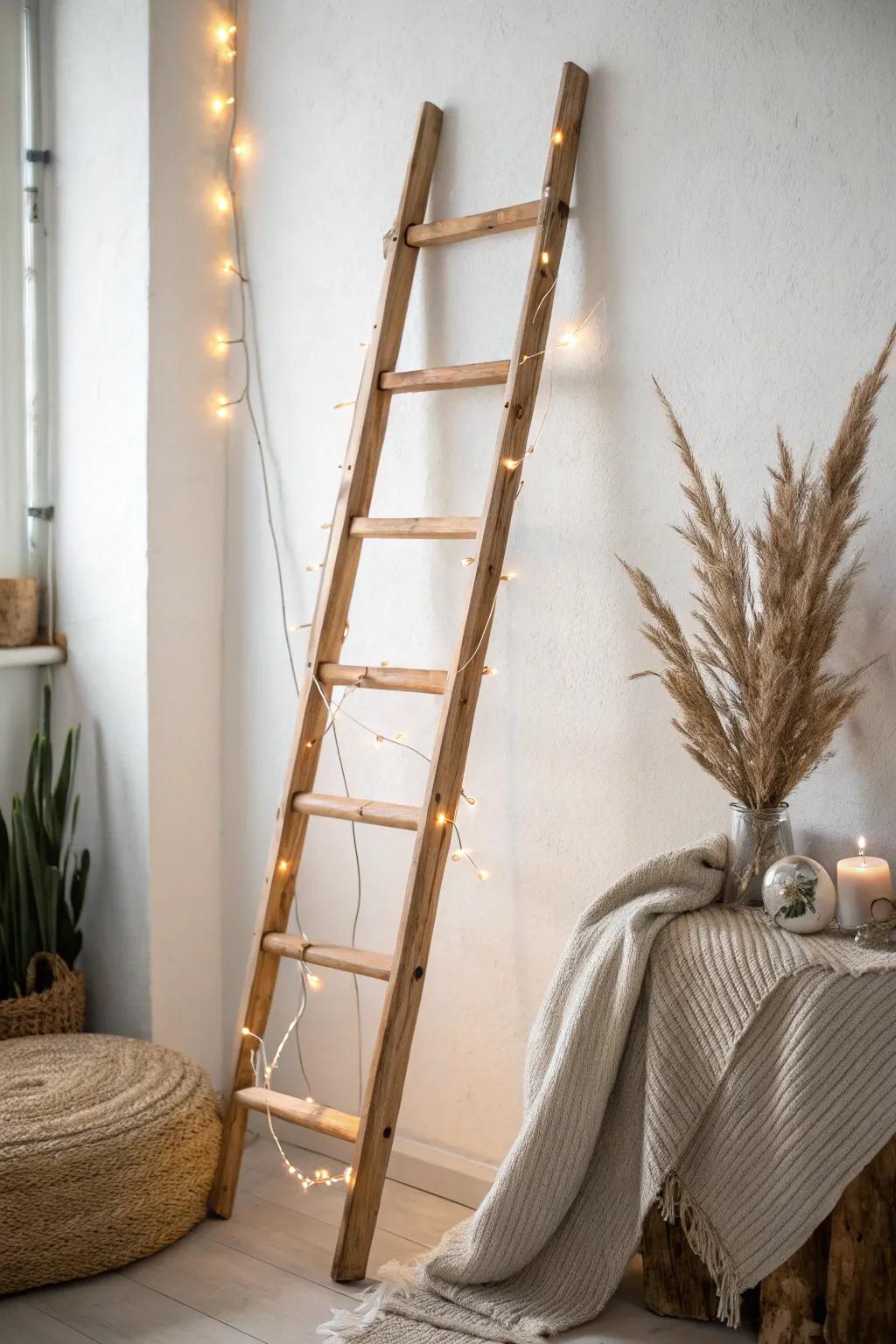 A cozy ladder corner wrapped in warm string lights—instant glow with zero floor space.