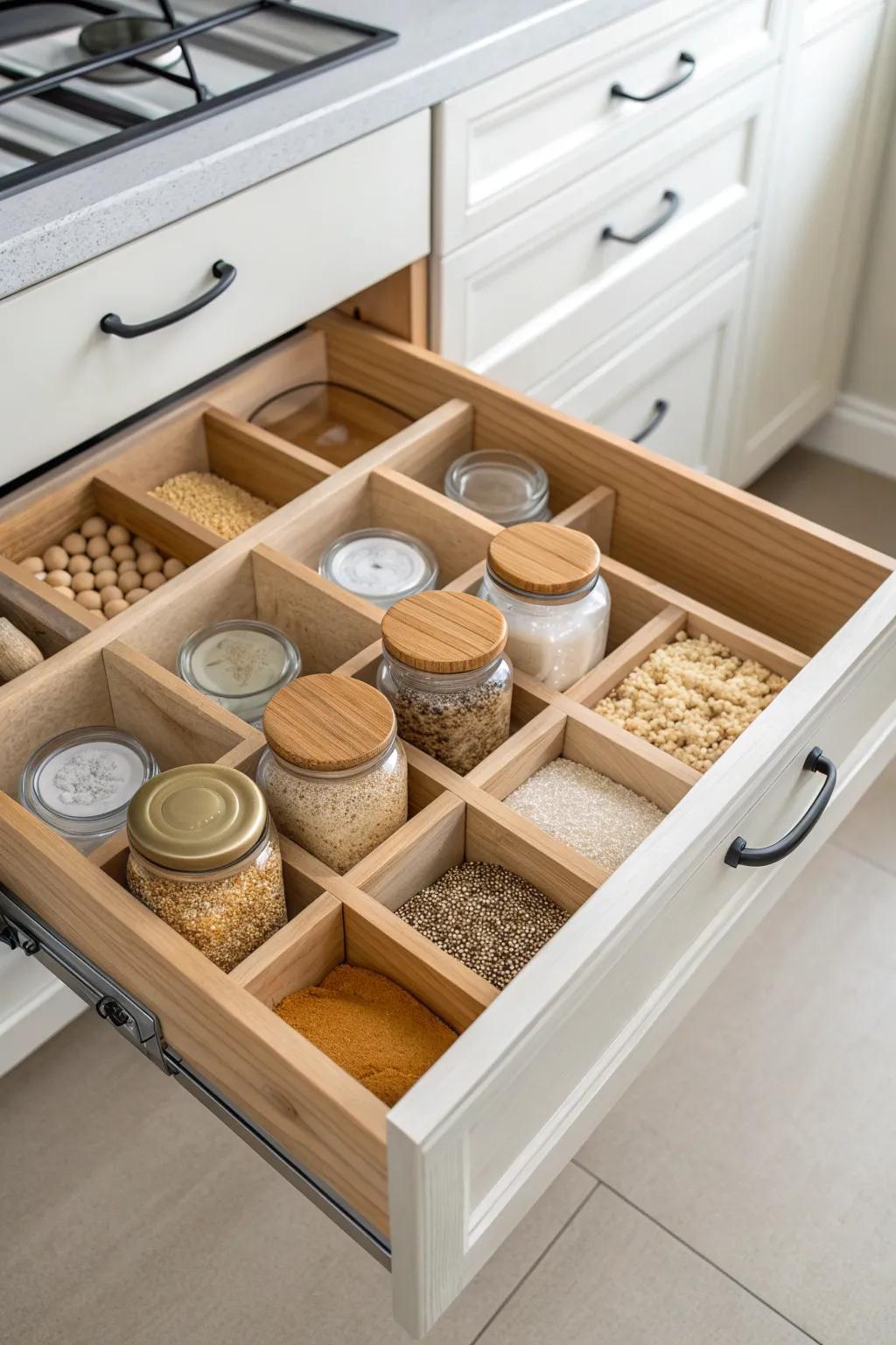 Turn a deep drawer into a mini pantry: matching jars in a clean wooden grid, seen at a glance.