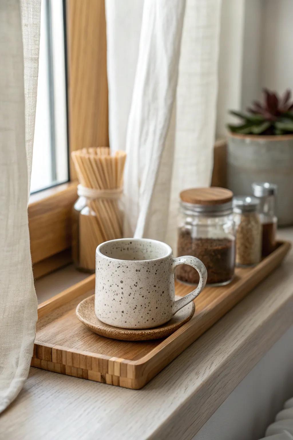 Turn a deep window sill into a cozy coffee & tea ledge—beautiful, space-saving, serene.