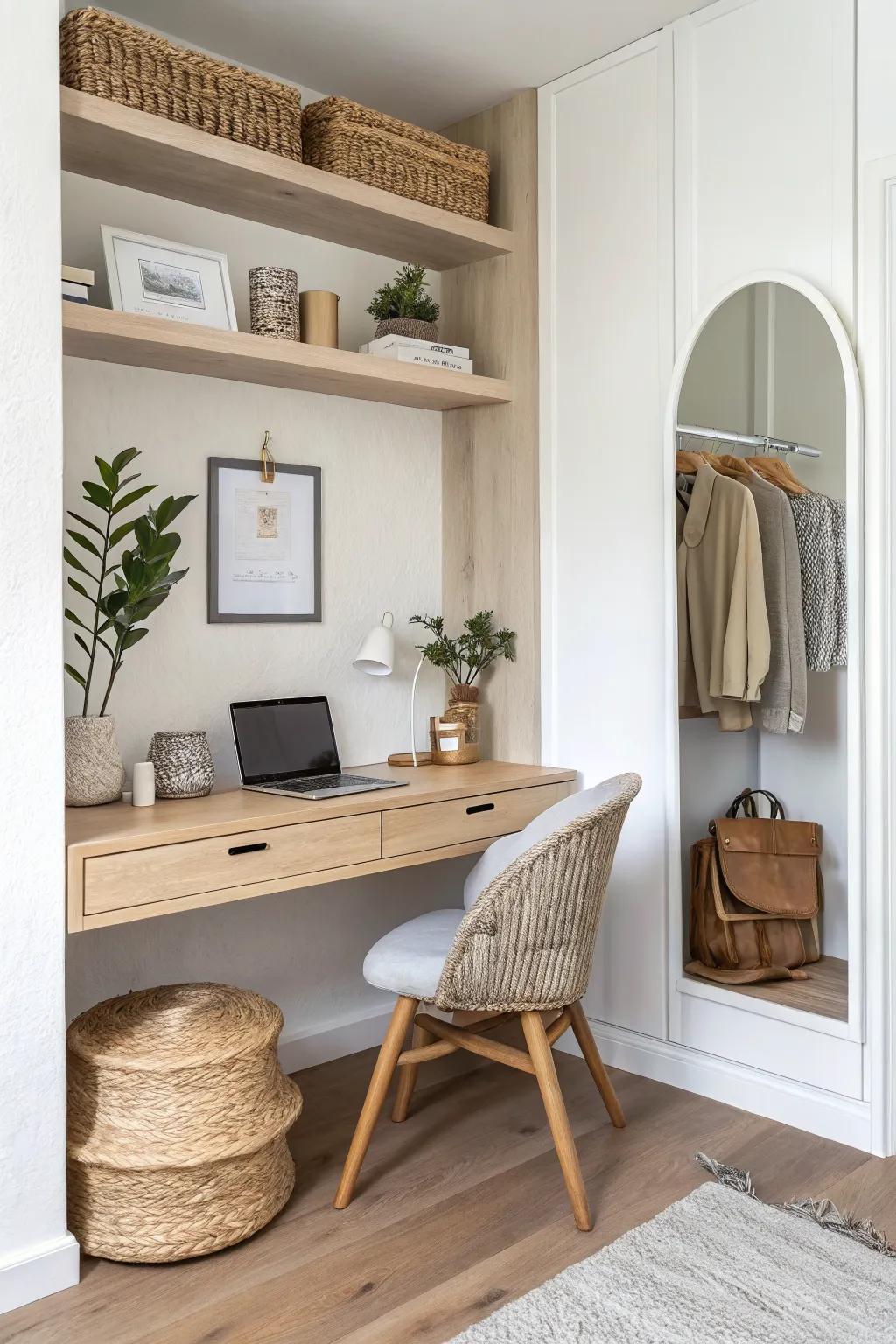 Turn a closet nook into a desk + vanity combo—mirror, hidden power, and a cute stool.