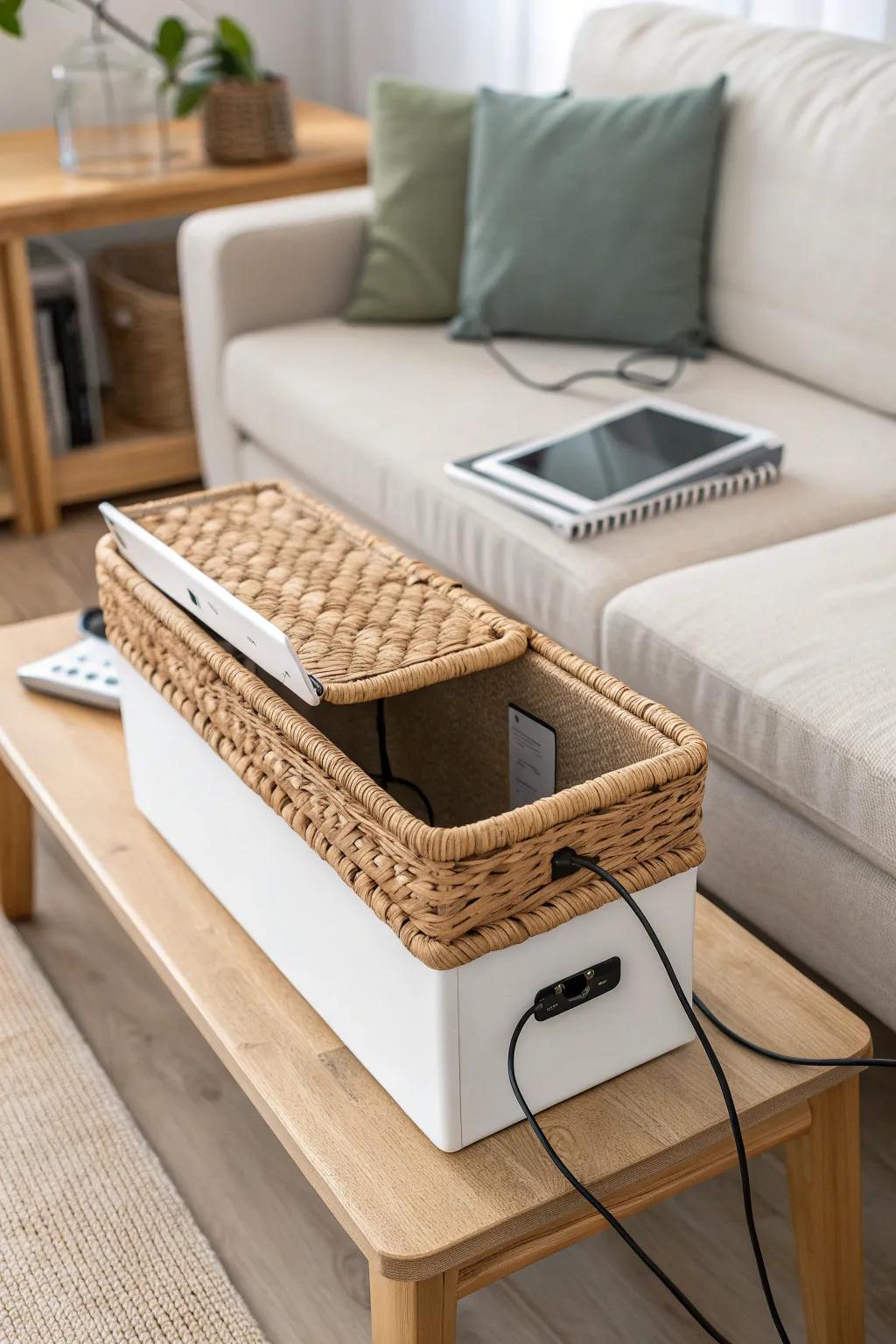 Hide every cord in one chic power box—your behind-the-couch desk stays functional and pretty.