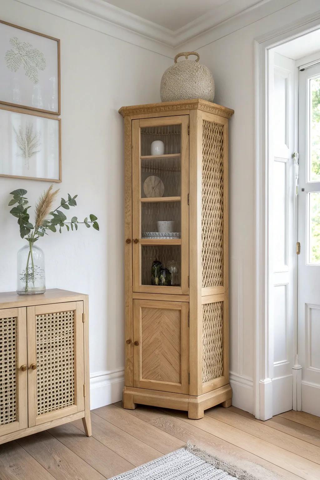 Turn an awkward corner into elegant storage with a slim, light-wood corner cabinet.