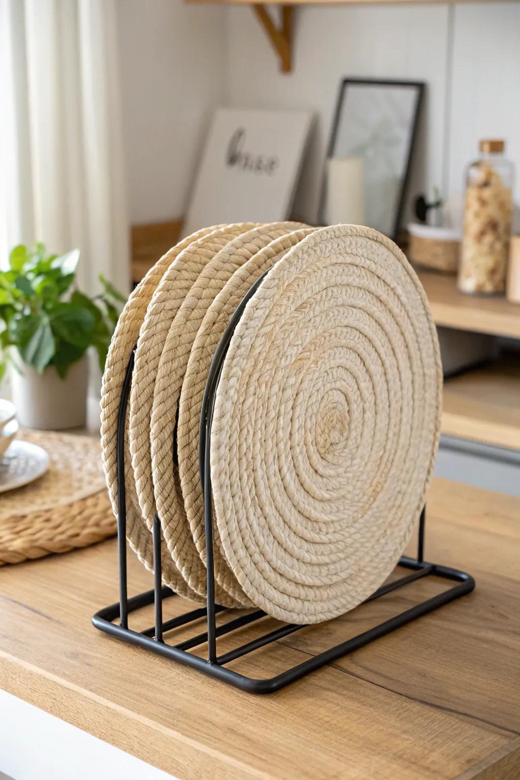 Store placemats upright in a sleek stand for a tidy table and easy, grab-and-go setup.