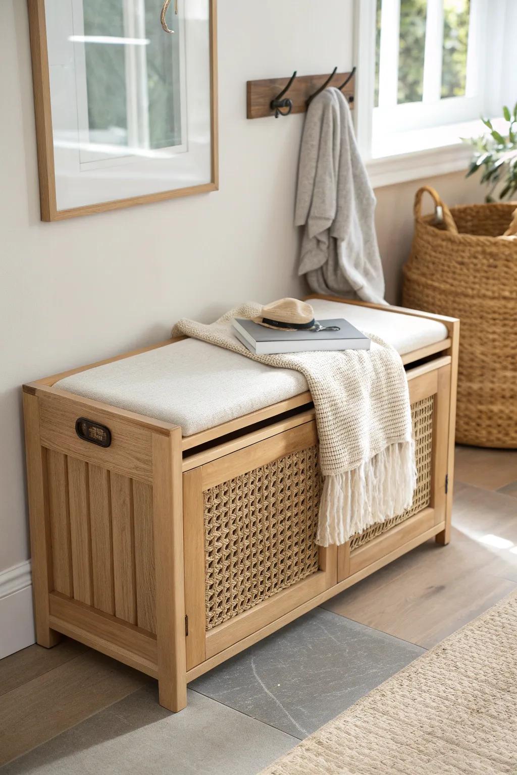 A sleek entryway bench that hides dirty laundry inside—extra seating, zero clutter.