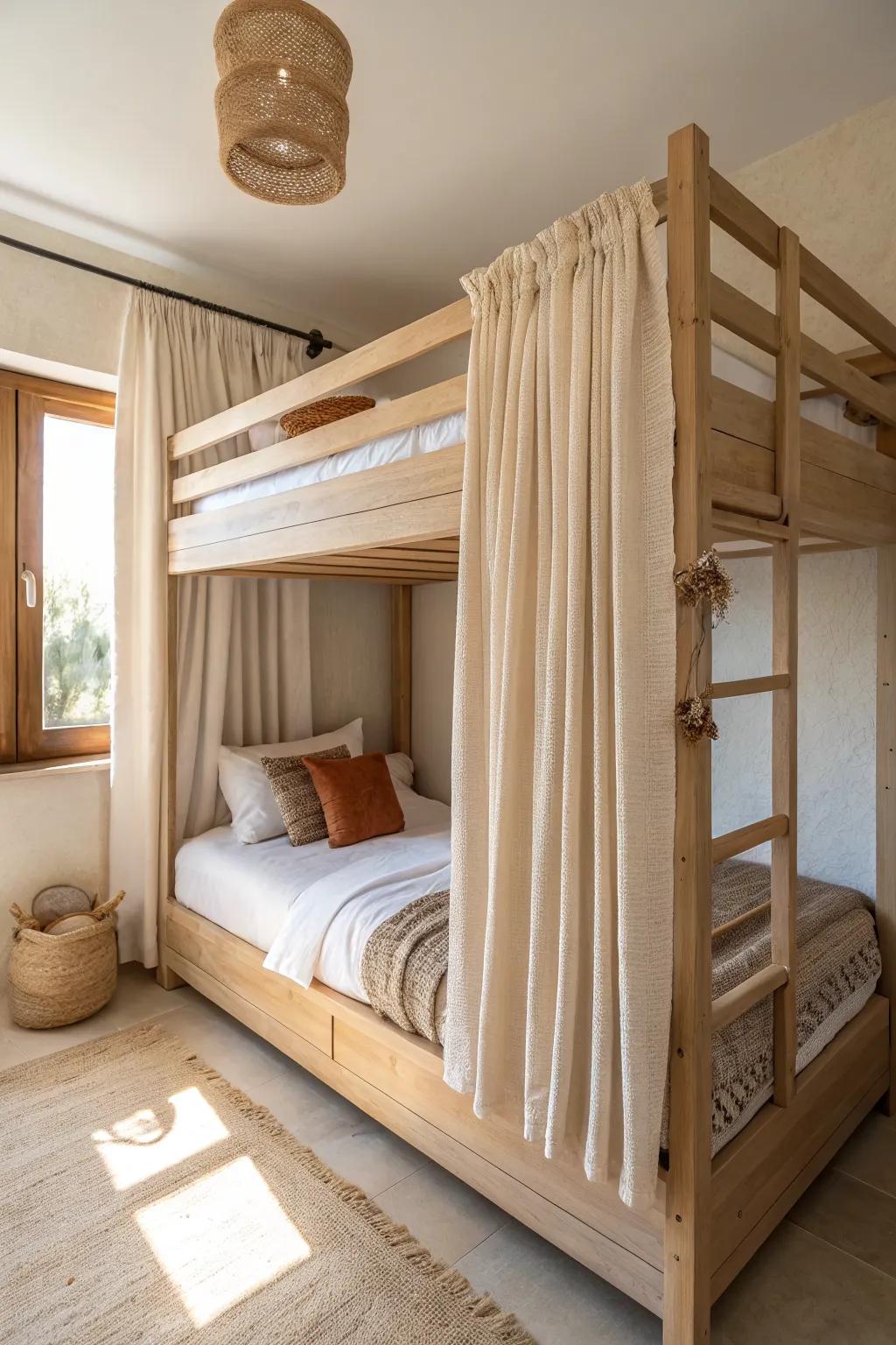 Bunk bed curtain walls create two cozy, private sleeping cabins in one small shared bedroom.