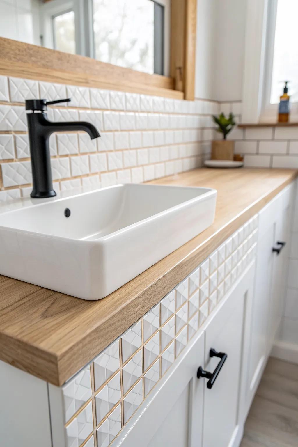 Upgrade a tiny vanity fast with a peel‑and‑stick tile strip—instant backsplash, zero commitment.