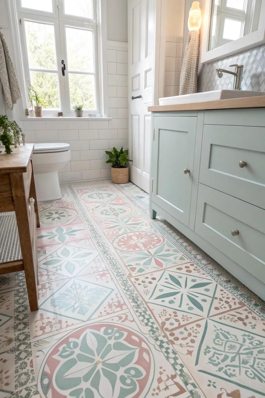 Transform your bathroom with the elegance of hand-painted linoleum – where simplicity meets artistry.