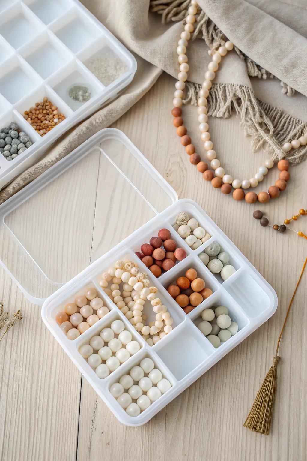 A lidded ice cube tray keeps chunky beads sorted, visible, and spill-free in any drawer.