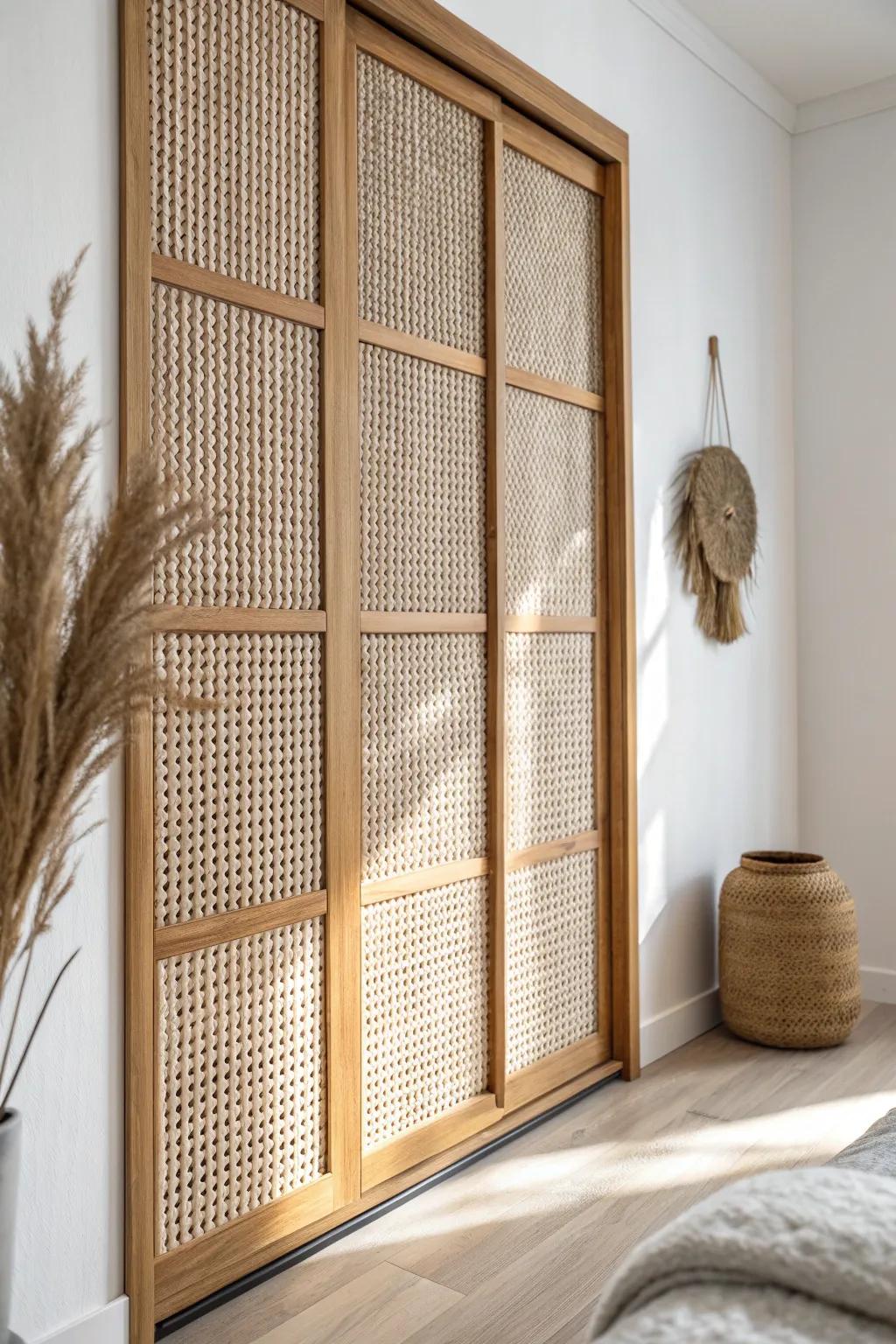 DIY cane webbing closet door insert for an airy, warm look that lightens small rooms