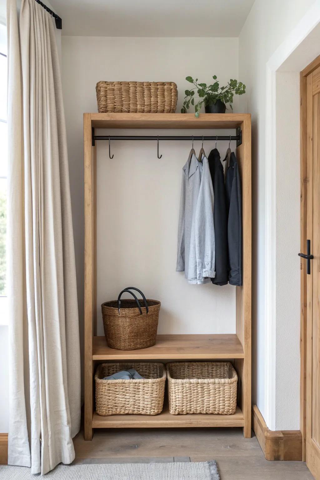Turn a shallow nook into a calm mini closet with a DIY rack and baskets underneath.