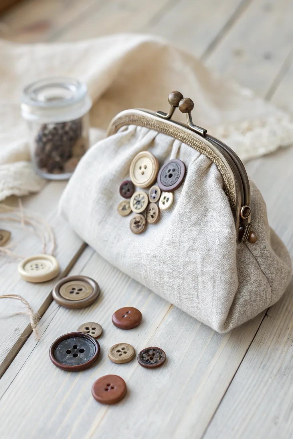 Discover the charm of handmade elegance with this Button-Up Beauty coin purse, where vintage buttons meet minimalist style.