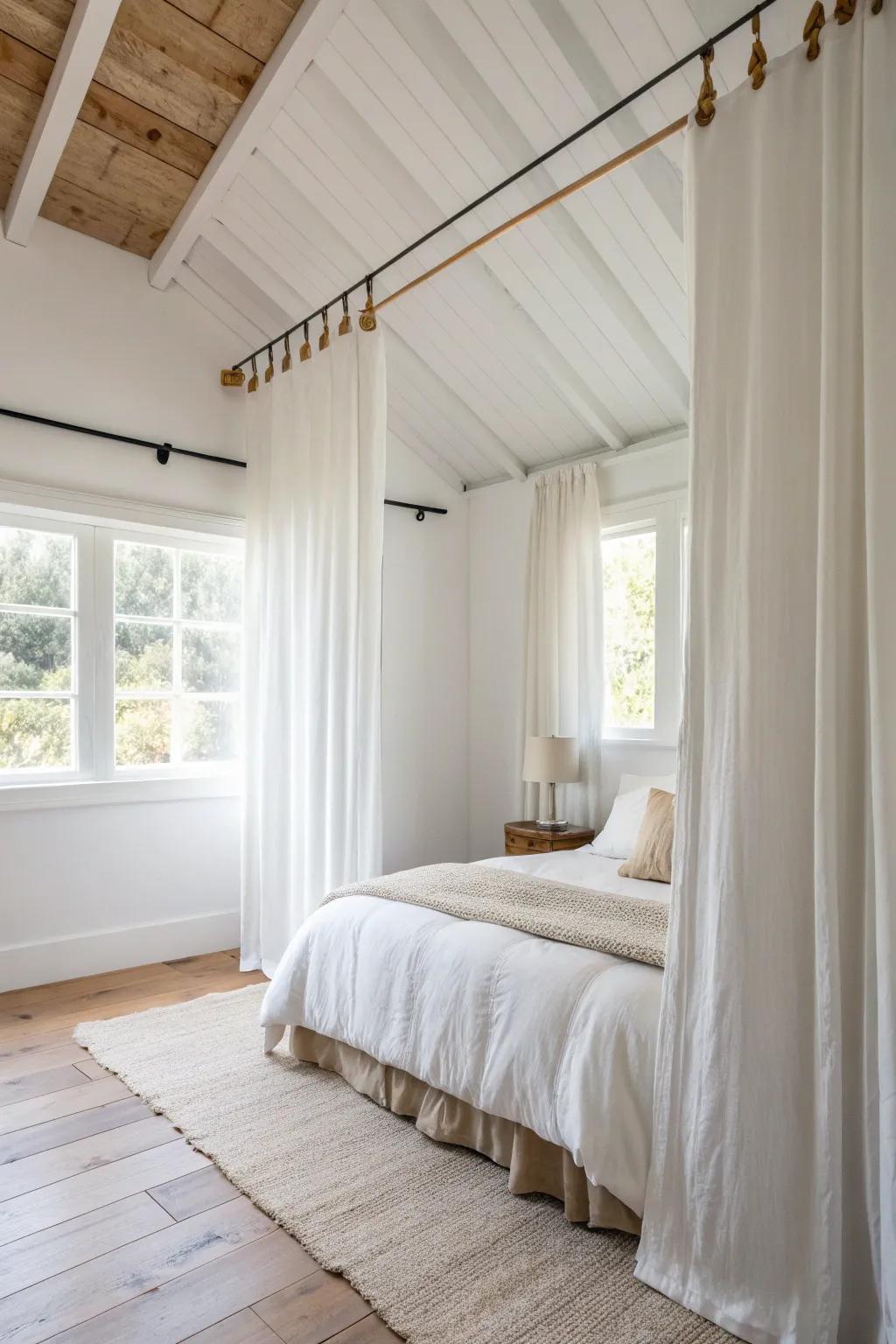An L-shaped ceiling curtain canopy that turns a corner bed into a dreamy mini room.