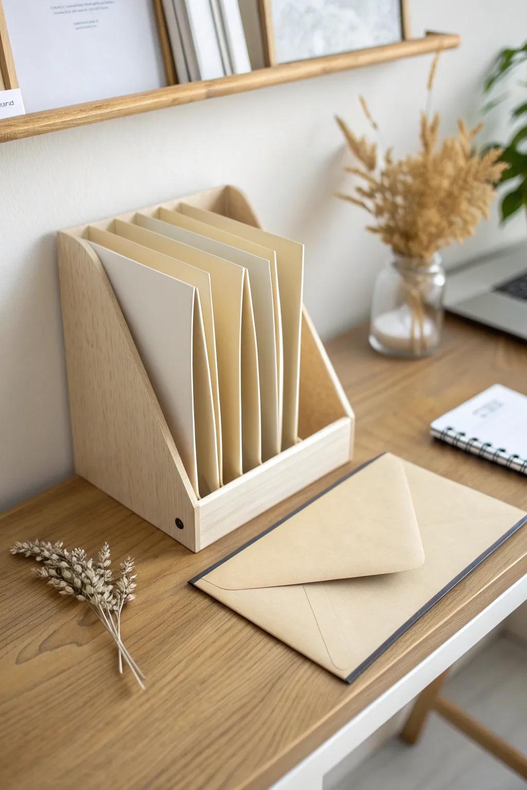 Folded cardstock file rack keeps papers vertical—calm, minimal, and perfect for tiny desks.