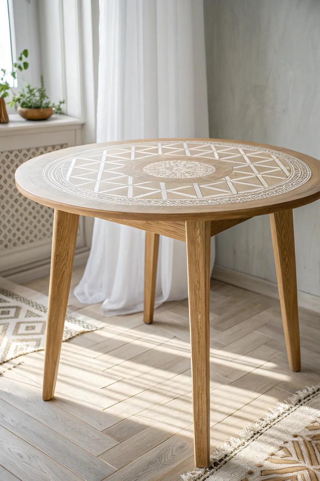 Stencil a soft geometric tabletop pattern for a boutique look—seal between layers for crisp lines.