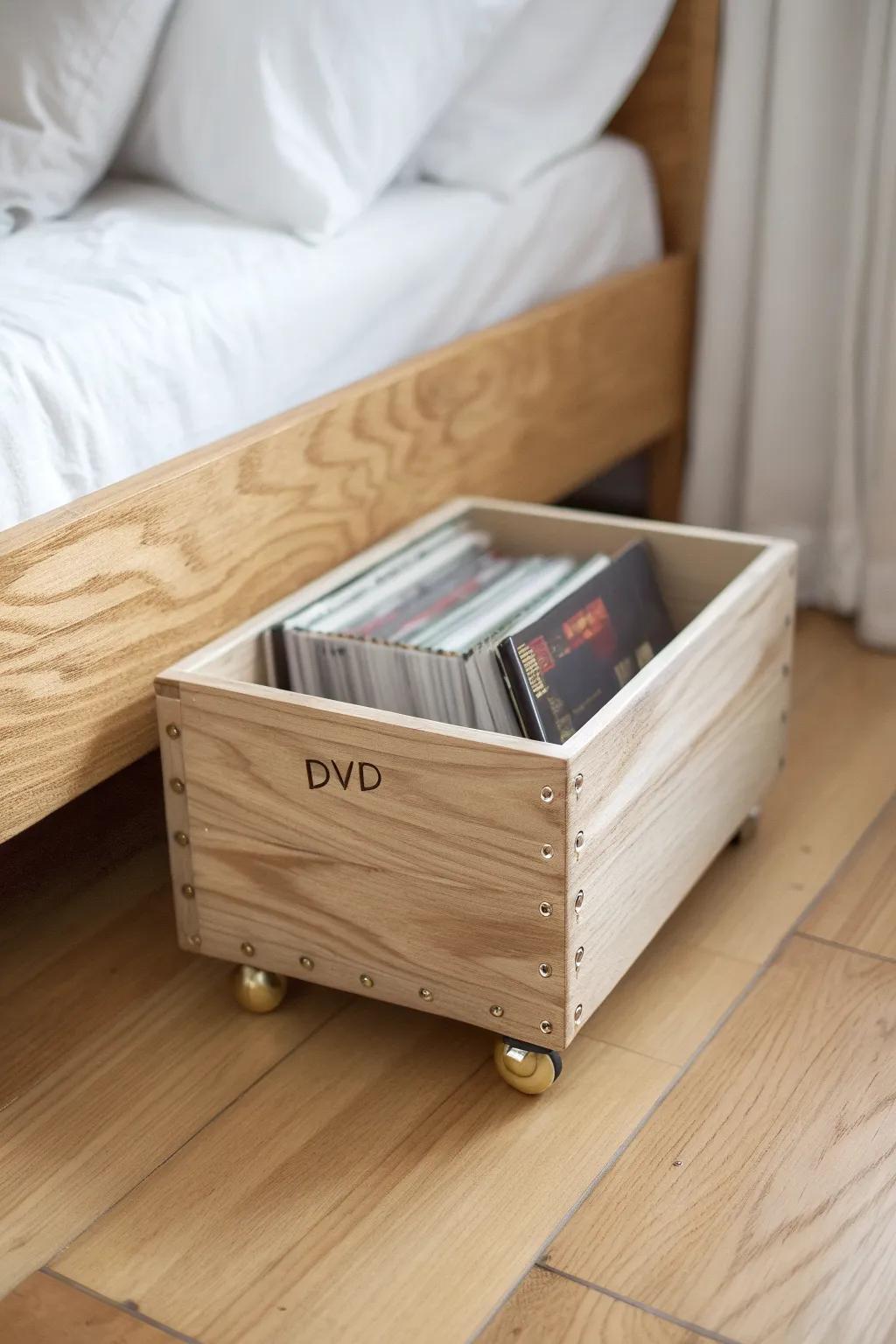 DIY under-bed rolling crate keeps DVDs organized by genre—hidden storage for small bedrooms.
