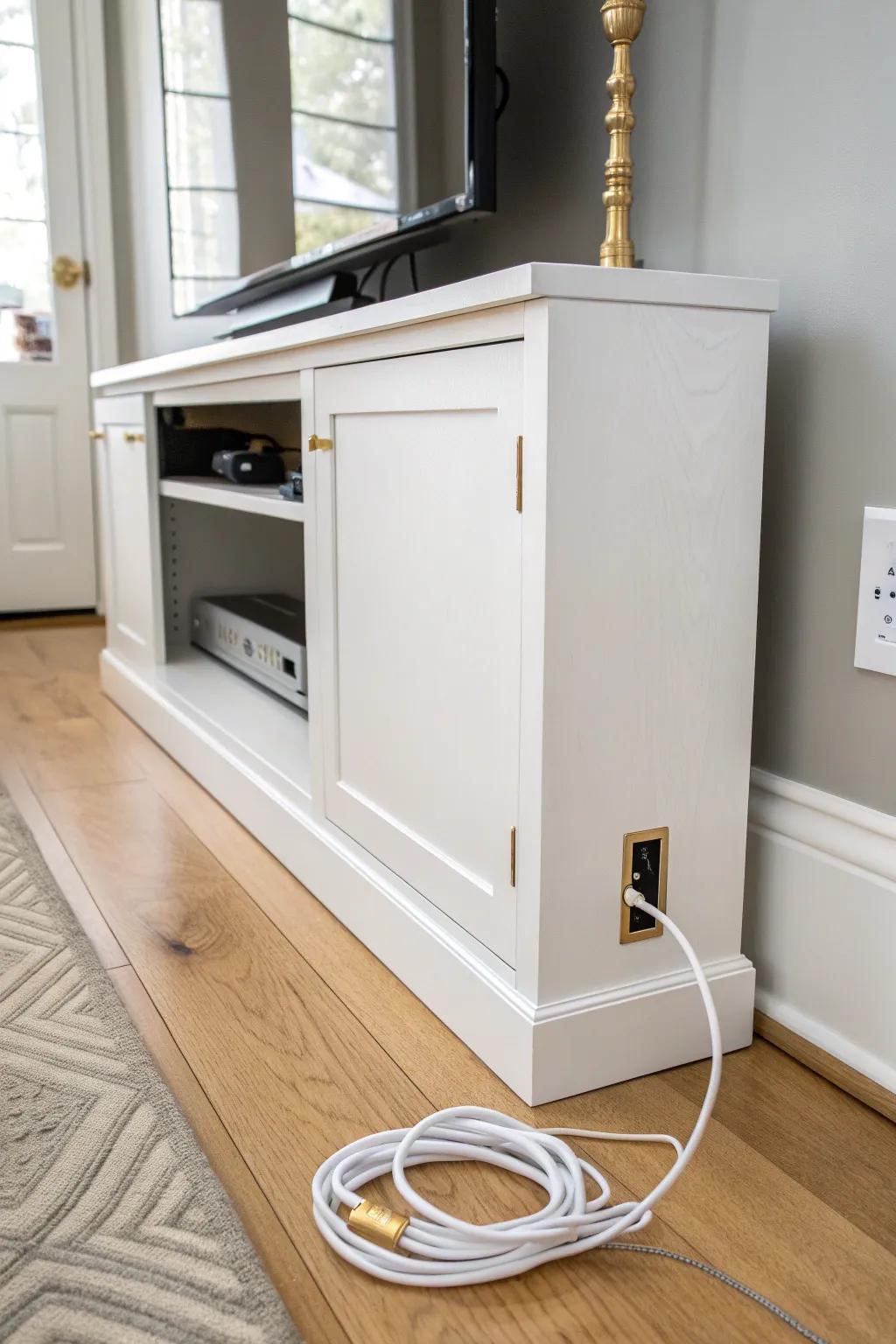 A slim behind-the-TV cable chase box that hides cords and makes any media wall feel polished.