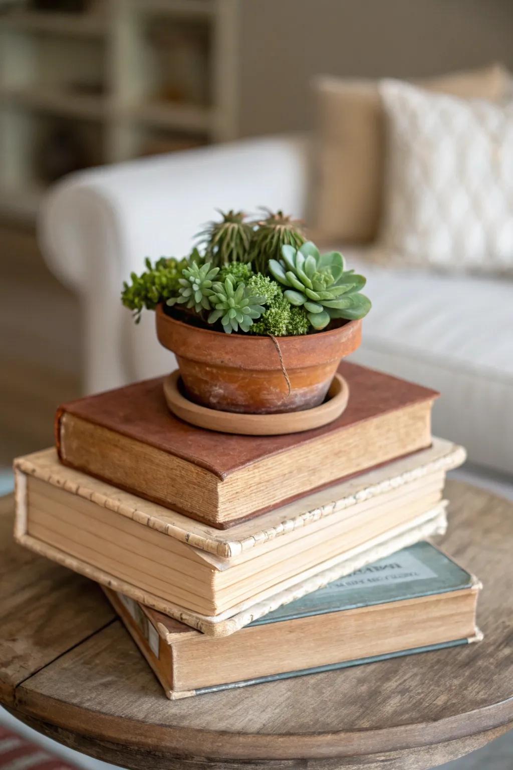 Transform your table with this charming DIY centerpiece, blending the charm of vintage books with the natural beauty of succulents.