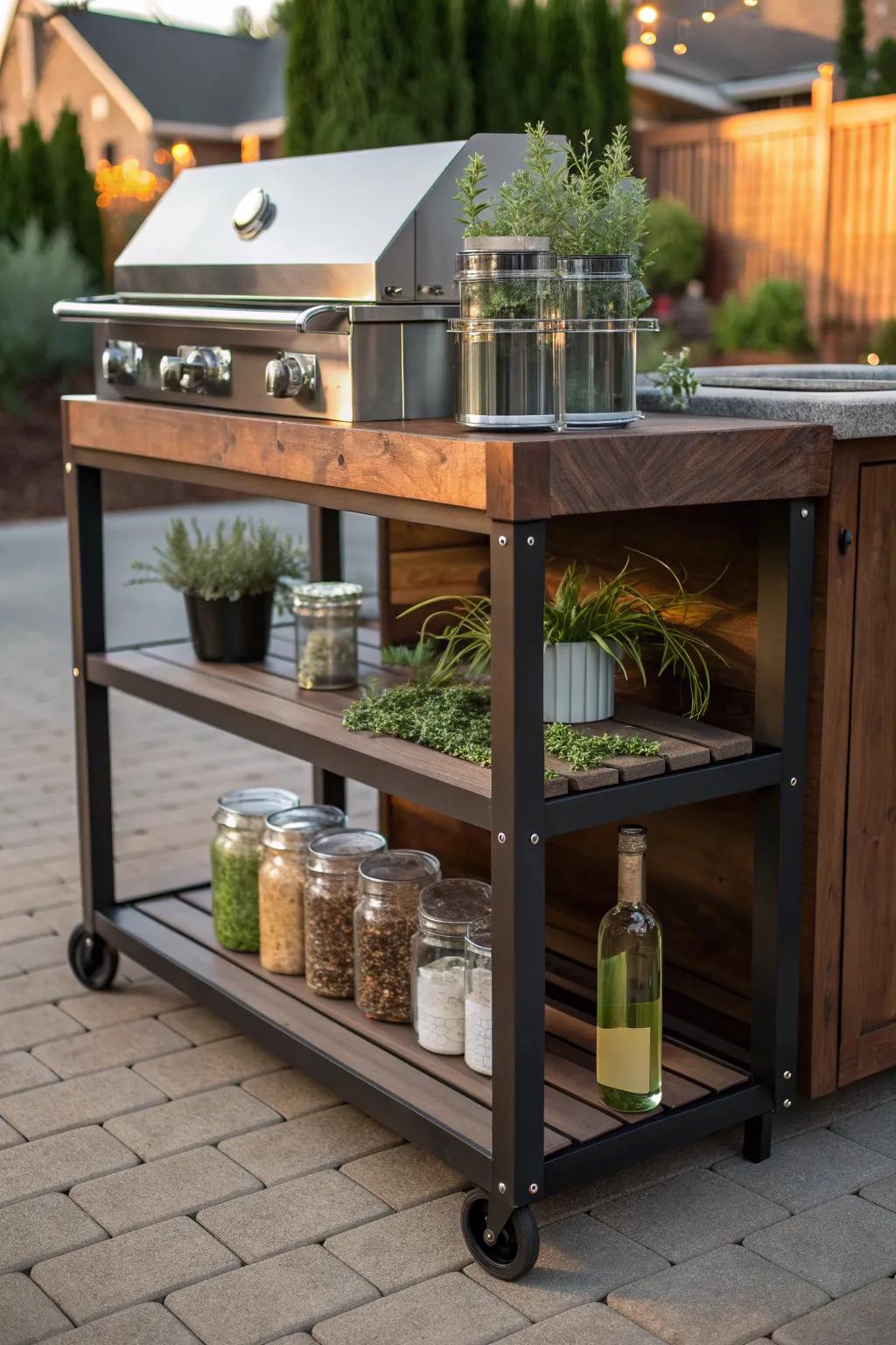 Elevate your outdoor cooking with a beautifully crafted floating shelf grill cart, where style meets functionality.