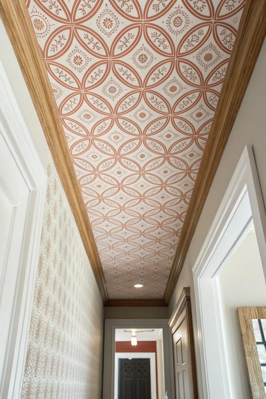 Add wow without losing space: a peel-and-stick patterned ceiling makes a hallway unforgettable.