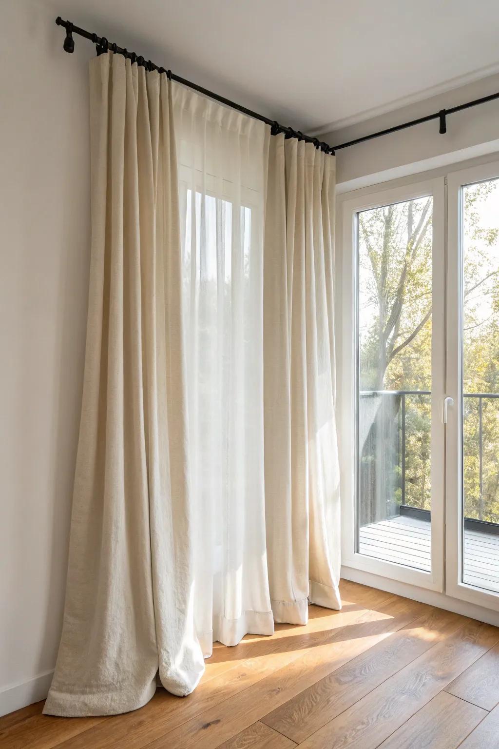 Hang curtains higher & wider for a custom look—hem tape makes the perfect budget finish.