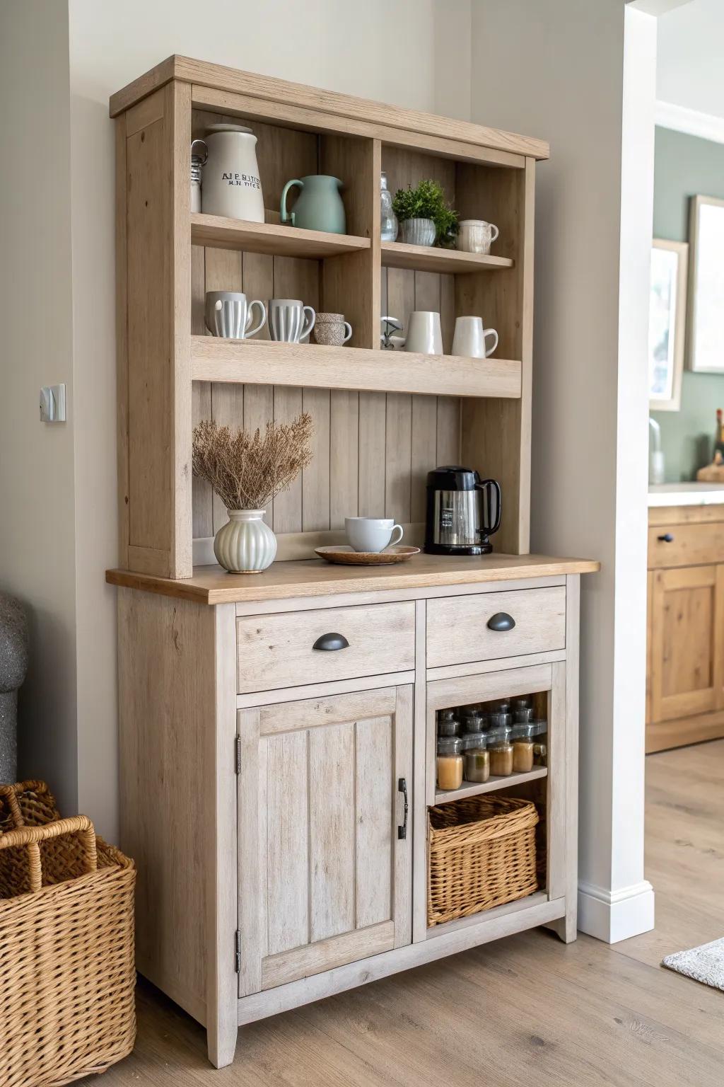 A small-space hutch turned coffee bar—mugs up top, supplies below, calm mornings guaranteed.