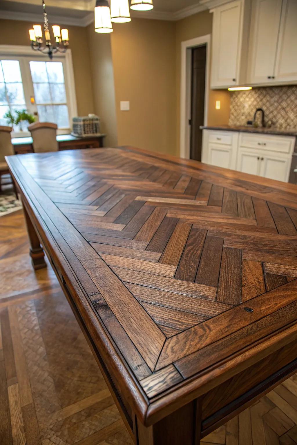 Elevate your kitchen with a stunning herringbone pattern table, where craftsmanship meets style.