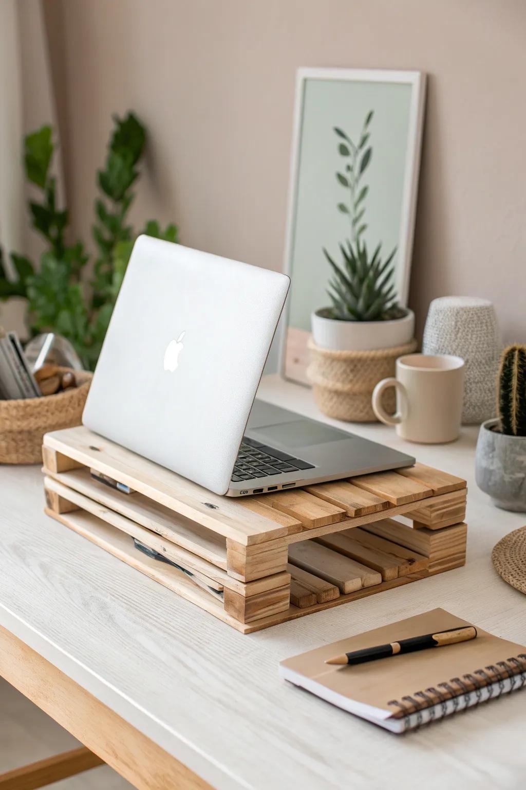 Transform your workspace with this stunning DIY wooden palette laptop stand, where simplicity meets elegance.