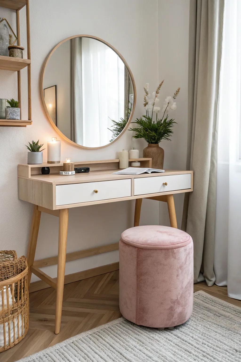 Transform an unused corner into a tranquil vanity nook with minimalist charm. #DIYVanity #ScandiBohoStyle