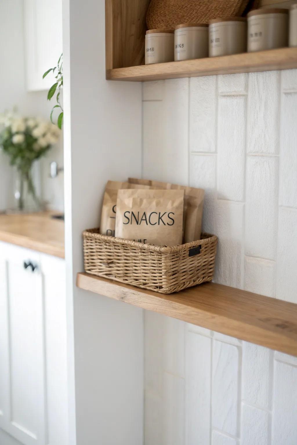 A mini snack grab shelf with one woven basket—simple, pretty, and chaos-proof for pantries.