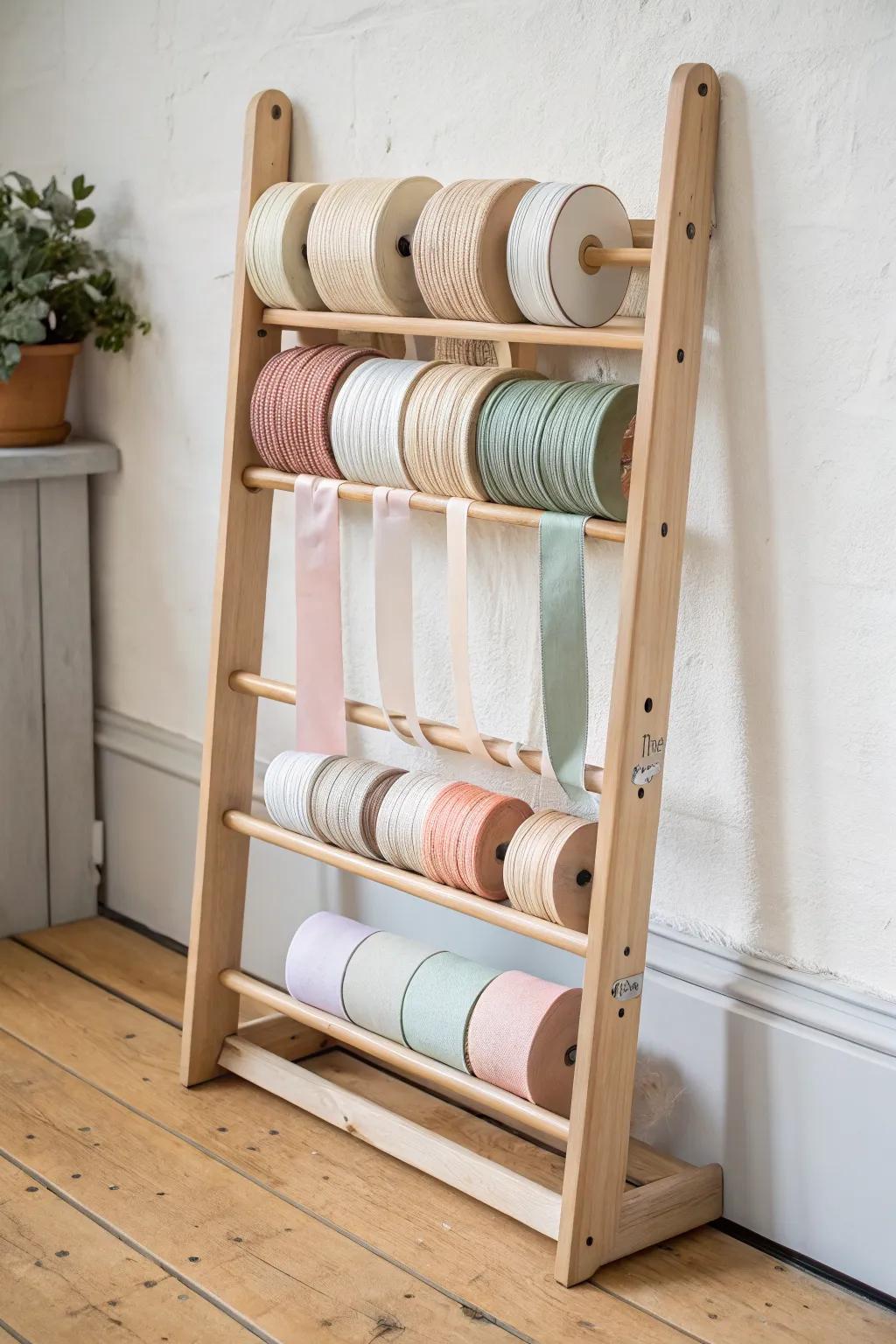 Old media rack makeover: a minimalist ribbon shelf with color-sorted spools for tiny craft spaces.