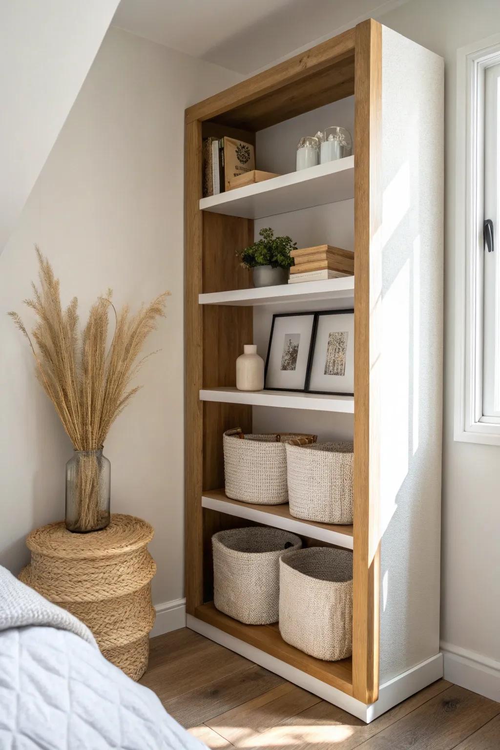 Faux built-in nook shelves with airy oak lines and linen bins for a clean, custom look.