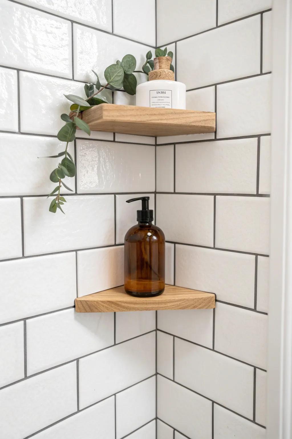 Grout-line floating corner shelf: the clean built-in caddy look that ends shower clutter.