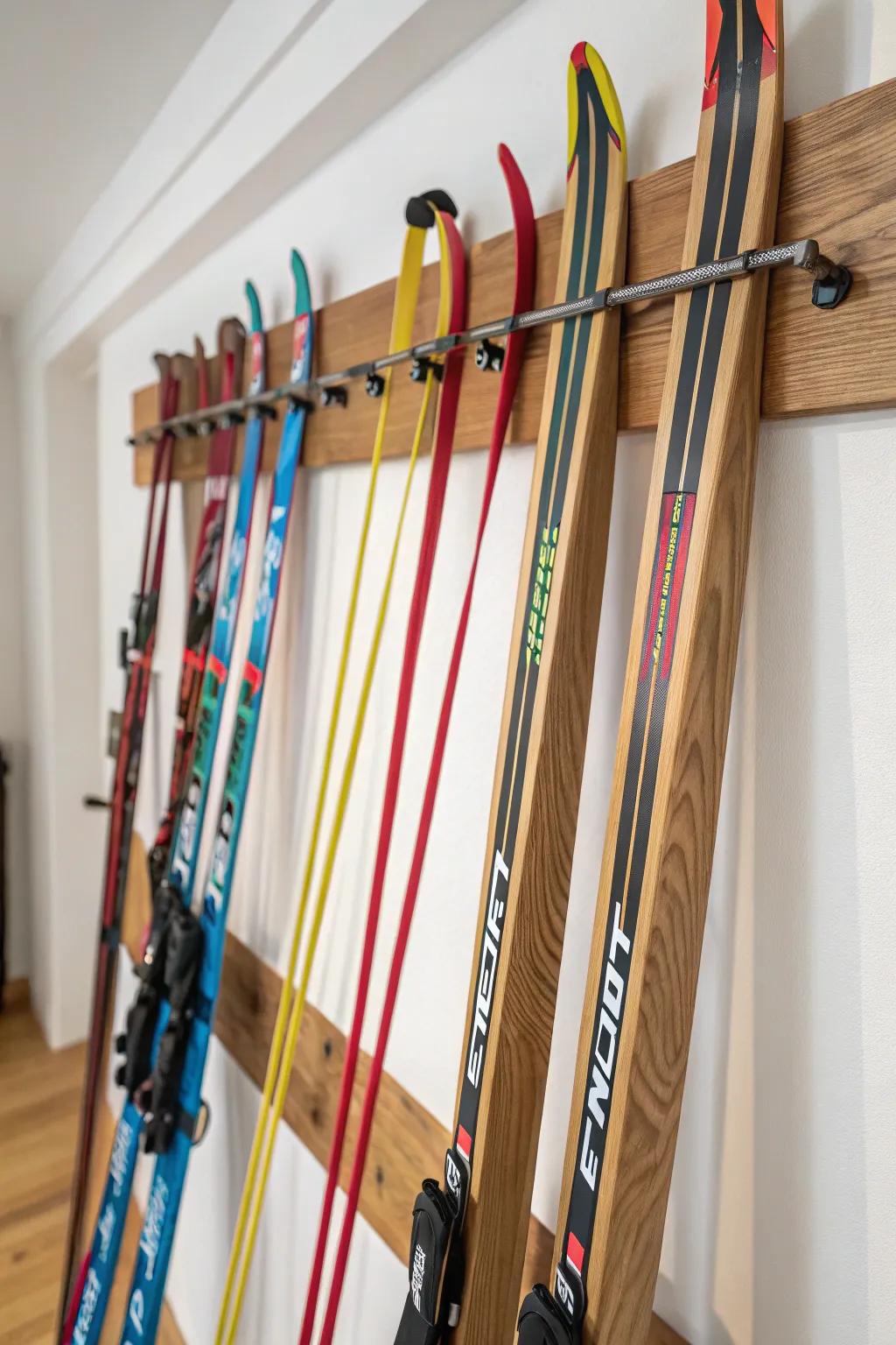 Elevate your ski storage with a bungee cord wall display – where modern design meets craftsmanship.