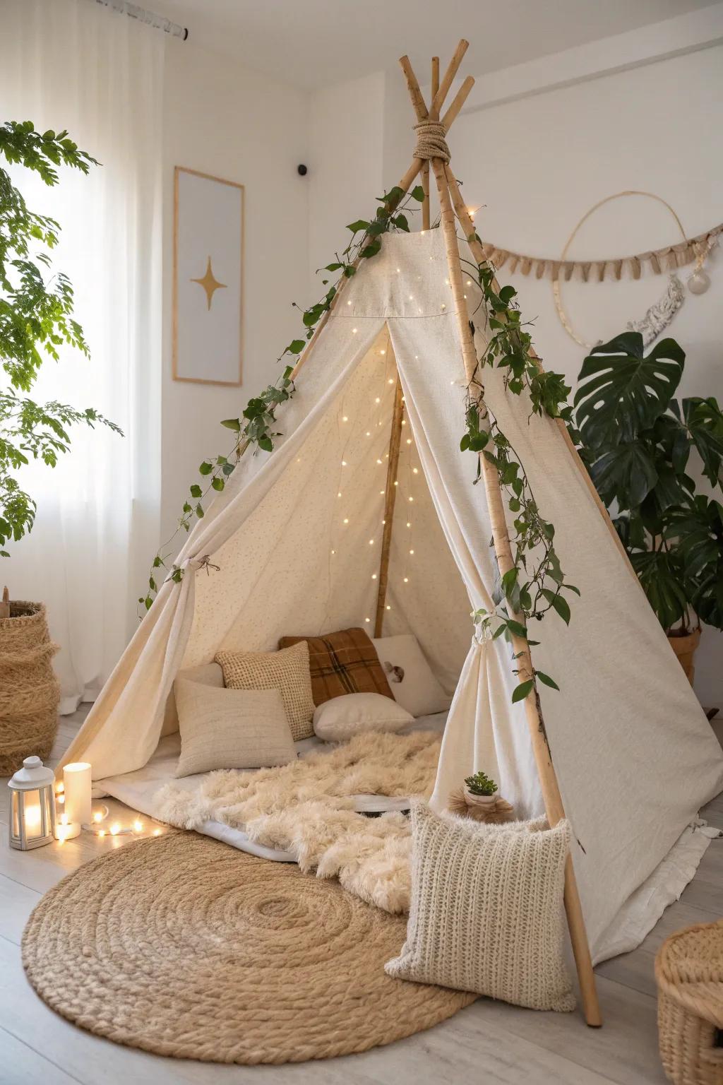 Transform your sleepover space with nature-inspired elegance. 🌿✨ #DIYTent #ScandiBoho #SereneSpaces