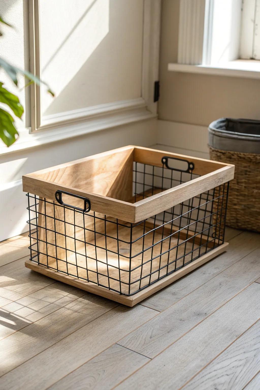 DIY wood-and-wire basket: a rustic-minimal storage solution that keeps bulky essentials within reach.