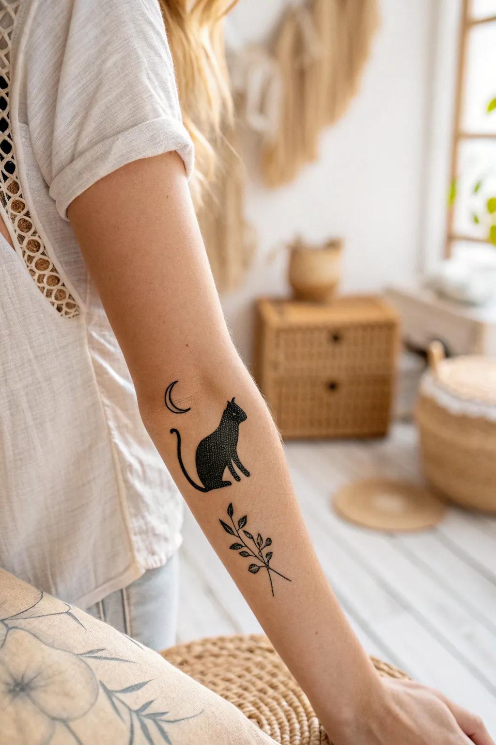 Embrace simplicity with this elegant cat silhouette tattoo, perfect for adding a touch of nature-inspired beauty to your style.