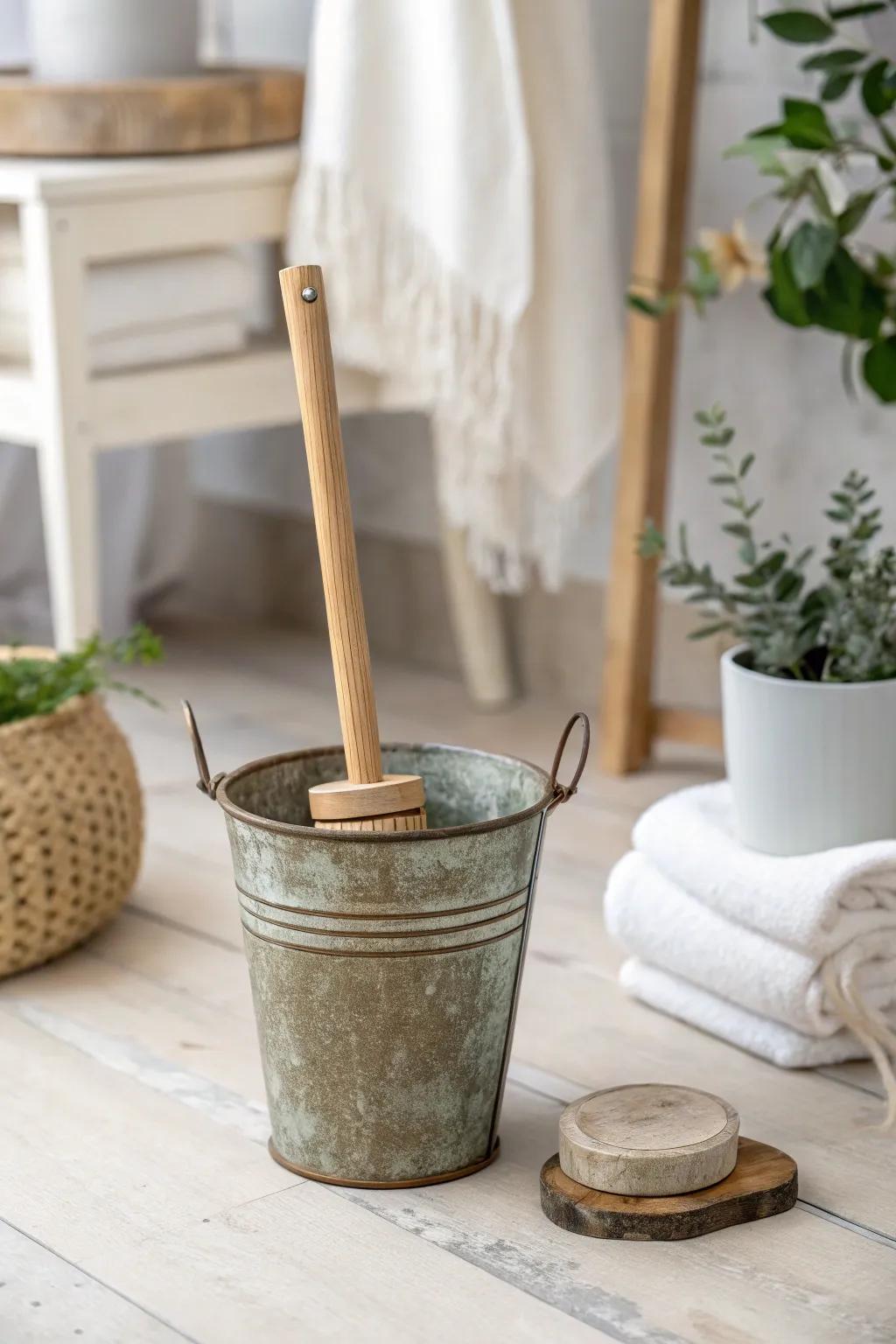 Elevate your bathroom with this charming DIY metal bucket brush holder, where industrial meets minimalist elegance.