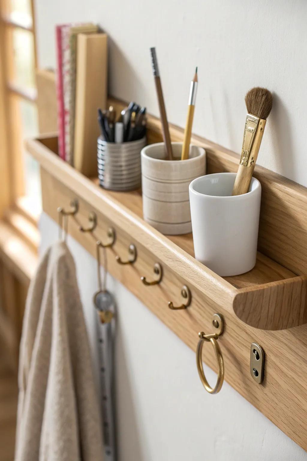 A sleek oak wall rail with movable hooks and mini cups—your DIY tools, sorted and ready.