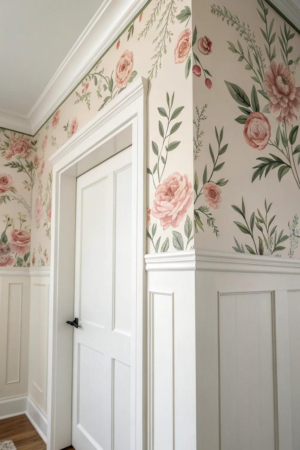 Hand-cut floral wallpaper pieces drift onto trim for a luxe, custom mural look.