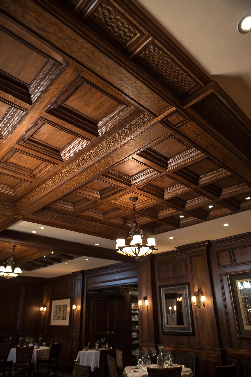 Elevate your dining experience with the timeless elegance of a coffered ceiling.