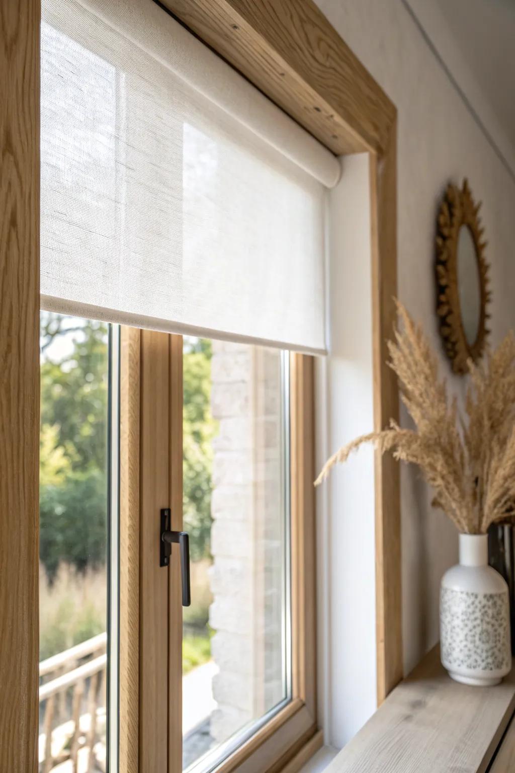 Slim linen roller shade on a door window—softens harsh sun and keeps the room airy.
