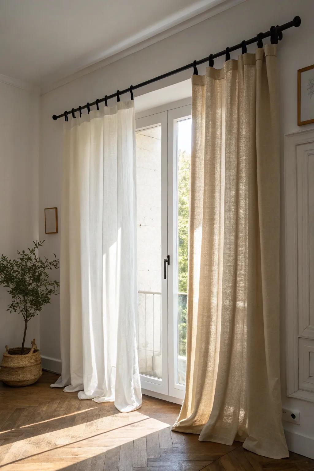 Double-layer doorway curtain: sheer daylight glow plus a heavier panel for cozy privacy.