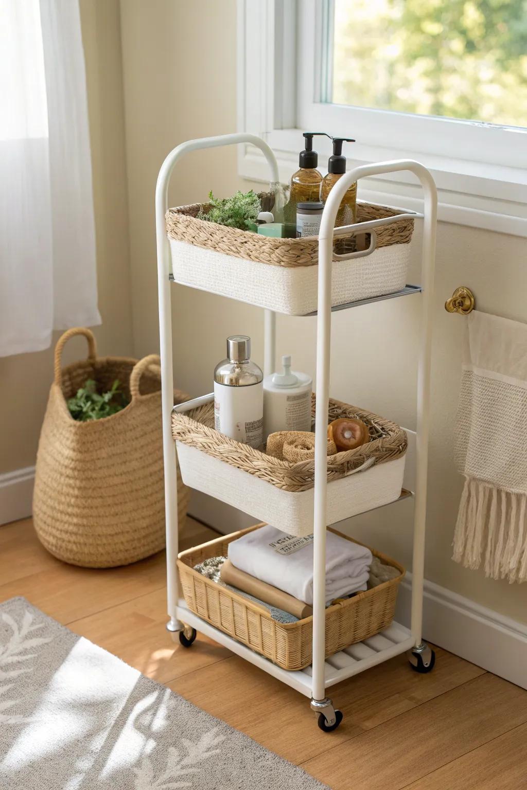 A slim rolling cart keeps dorm essentials tidy—style it with one basket for a chic look.