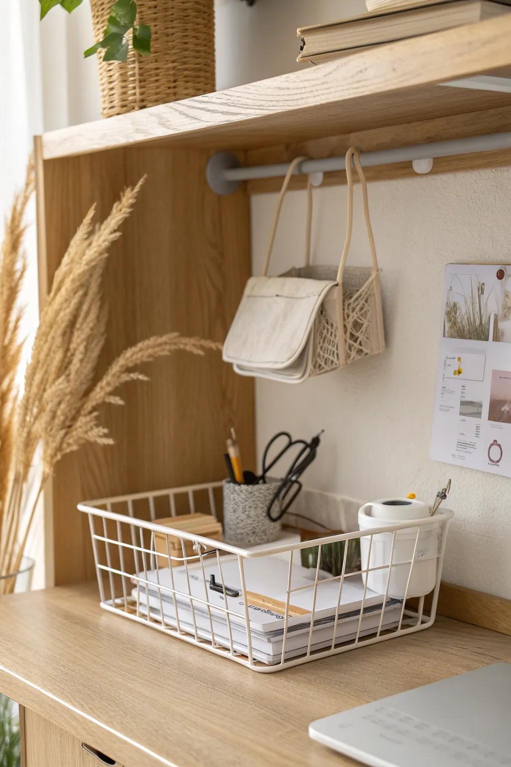 Clip-on under-shelf basket adds a “hidden drawer” to your dorm desk in seconds.