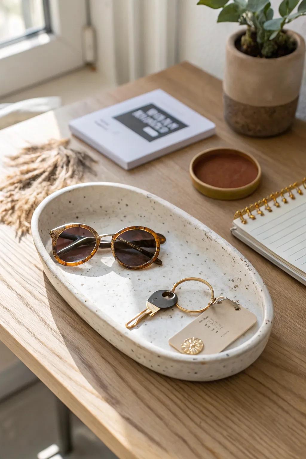 A simple desk drop-zone tray keeps your keys, ID, and sunnies easy to grab on busy mornings.