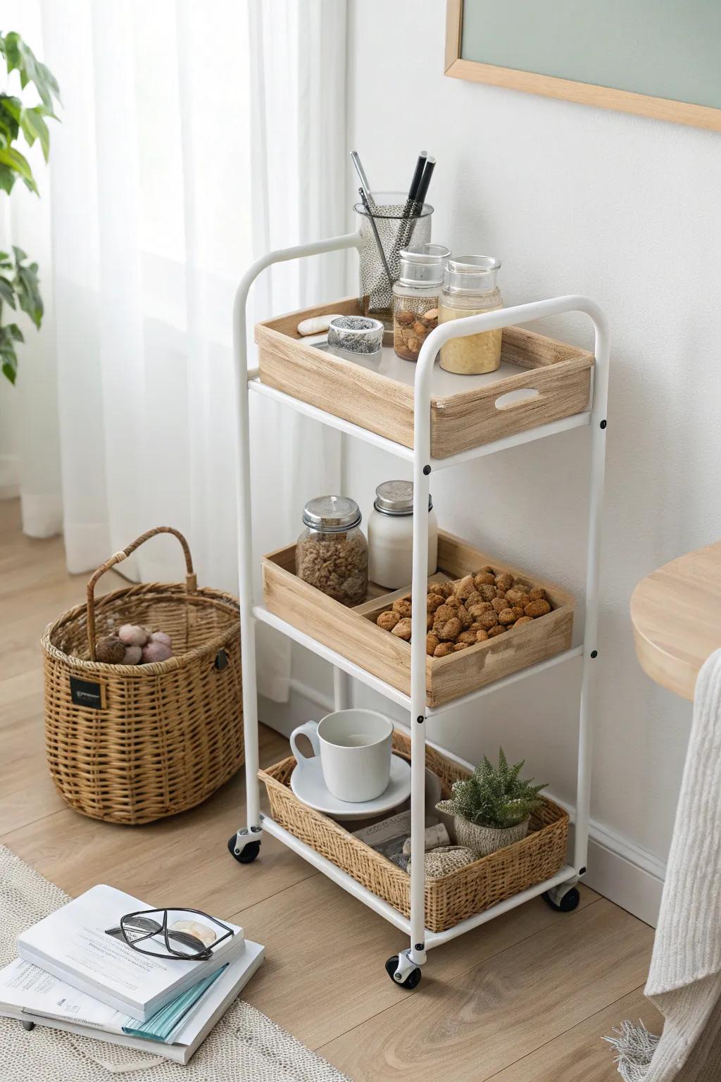 A chic rolling cart that glides from desk to bed—snacks and supplies always within reach.