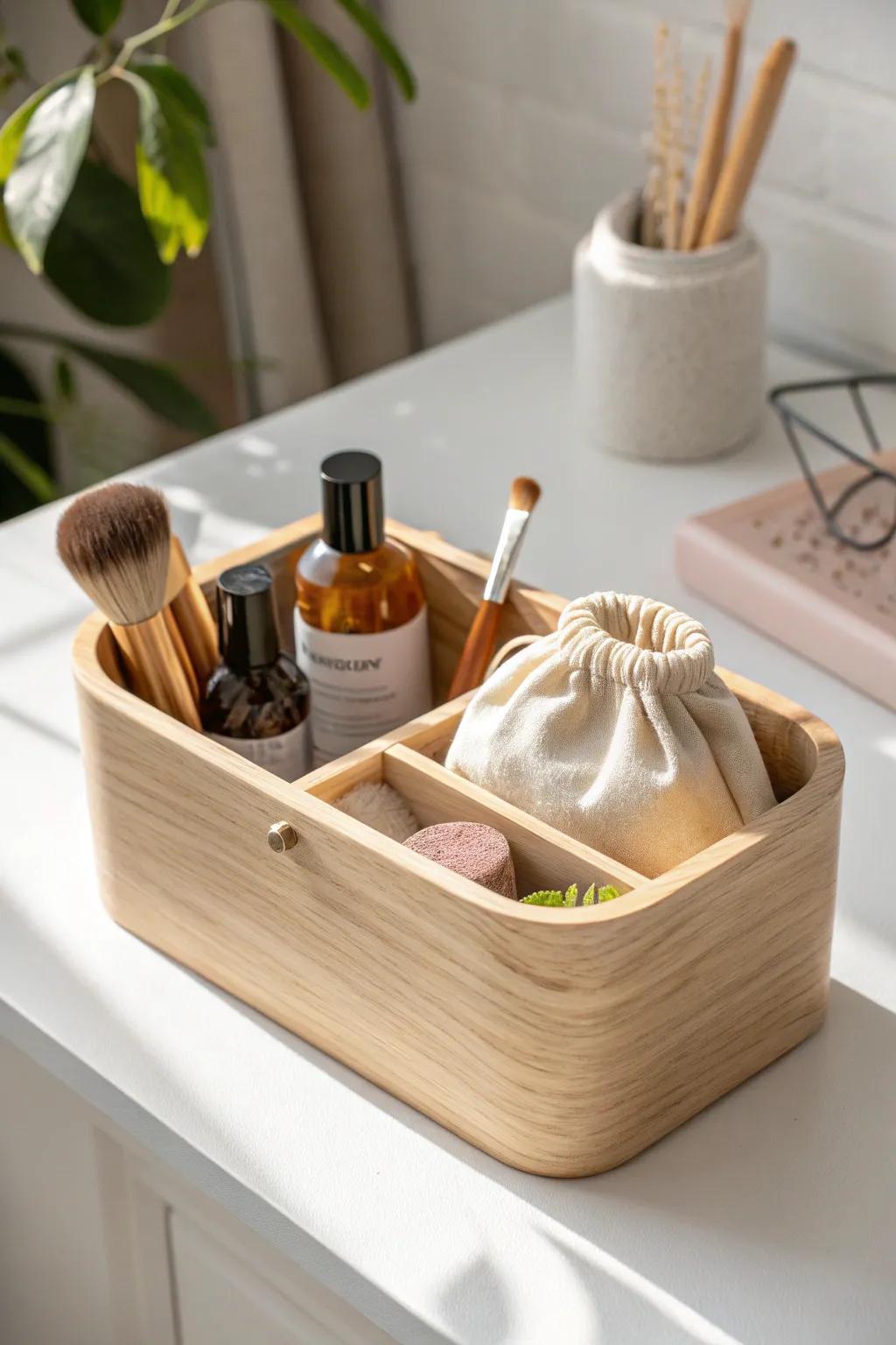 A handled vanity bin keeps makeup + hair tools tidy—slides under the desk in seconds.
