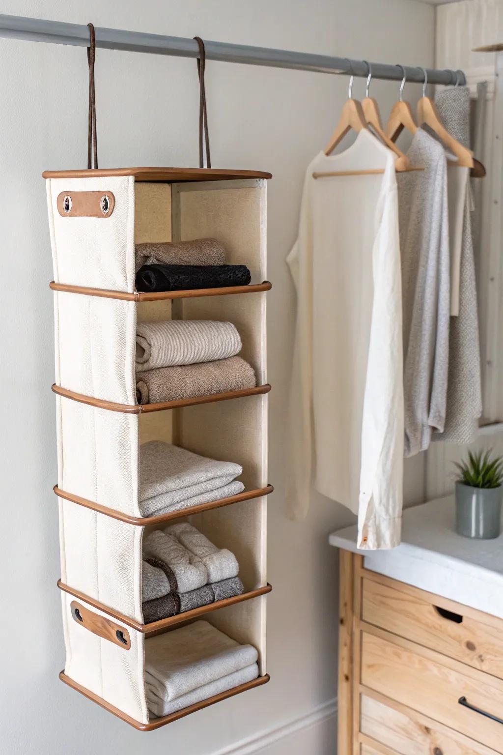 Instant dorm-closet order: a minimalist hanging shelf organizer for tees, towels, and sweats.